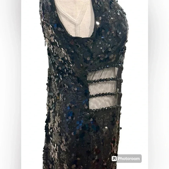 🆕 Dalia Macphee Black Sequined Illusion Waist Gown Extra Large - Picture 12 of 15